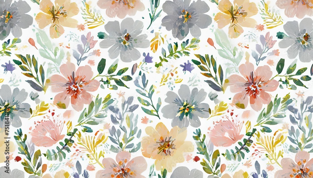 dainty abstract flower bright and cute colors pattern simple neutral flowers on white background seamless pattern of elegant dainty neutral watercolor floral for fabric home decor and wrapping - obrazy, fototapety, plakaty 