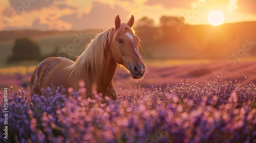 Horse Standing in Lavender Field
