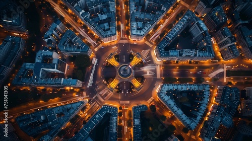 an aerial view of a city at night with a roundabout in the middle . High quality © RichWolf
