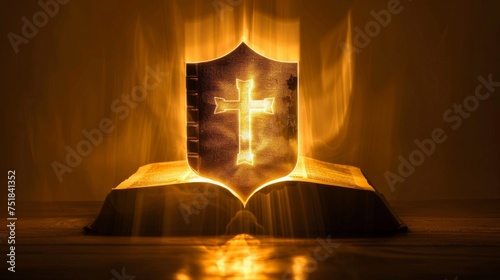 Silhouette of a Bible surrounded by a protective shield photo