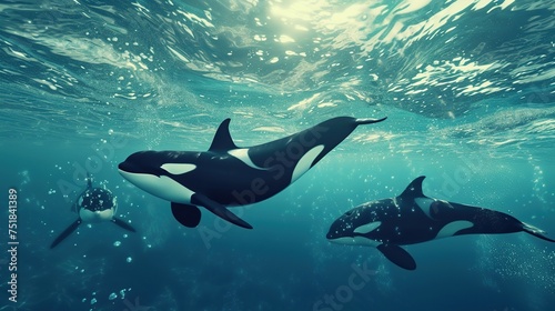 Pod of Orcas Gliding Gracefully Underwater in Sunlit Ocean Waters © Carmelo