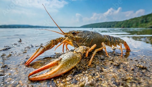 one dead crayfish astacus lies on the shore photo