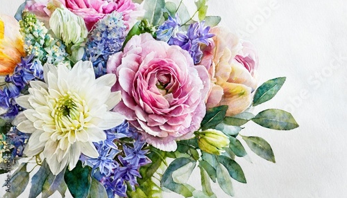 bouquet of beautiful fantastic flowers in pastel colors on a white background with copy space for your text watercolor illustration