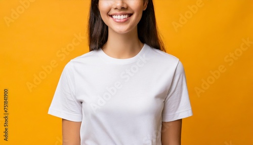 smile young woman fit in frame wearing bella canvas white shirt mockup isolated color background photo