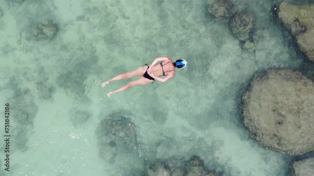 Top down aerial view of woman snorkeling or snorkelling is the practice