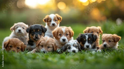 Group of Puppies Sitting on Lush Green Field