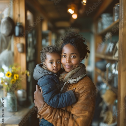 Portrait photo of adorable African American mother carrying her baby in store  generative AI