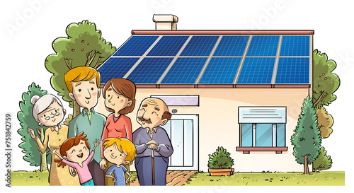 Familia en casa con paneles solares