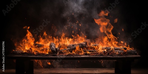 flaming bbq fire on black background and empty rustic wooden table