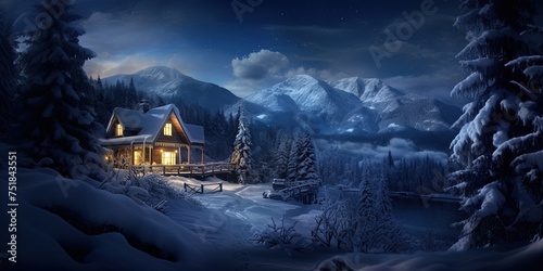On a cold winter night, a cozy bed with fluffy pillows is framed by a large window that overlooks a serene snow-covered landscape, providing an inviting and peaceful refuge from the world outside photo