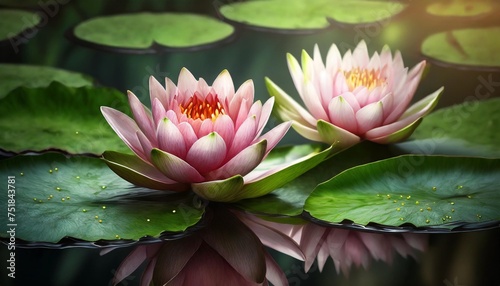 two beautiful pink water lily buds with green leaves in a pond on a sunny day