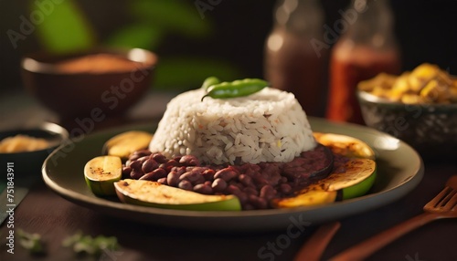 traditional costa rican casado meal with rice beans and plantains photo