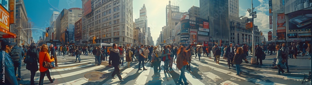 A blurred image of a crowd walking down a city street lined with towering buildings and leafy trees, creating a bustling urban landscape during an event