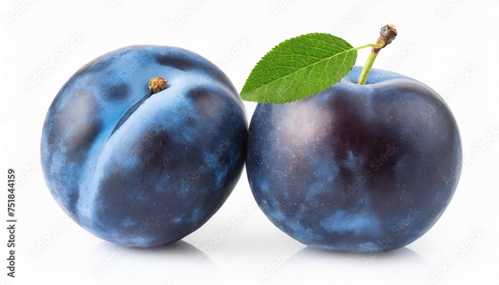 two blue plums isolated on white background