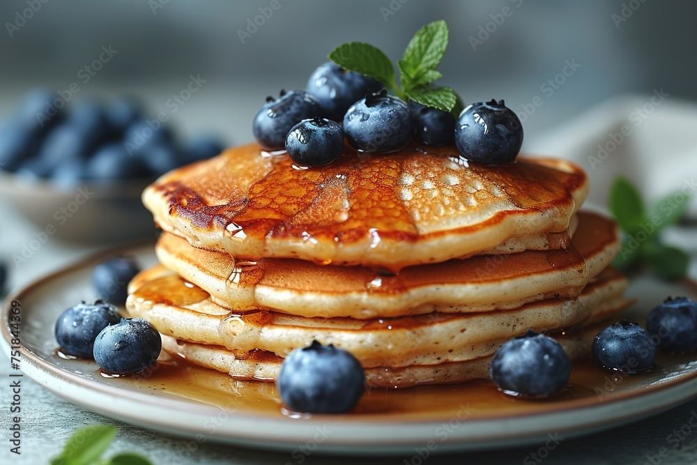 Close-up delicious pancakes, with fresh blueberries, strawberries and maple syrup Close-up delicious pancakes, with fresh blueberries, strawberries and maple syrup