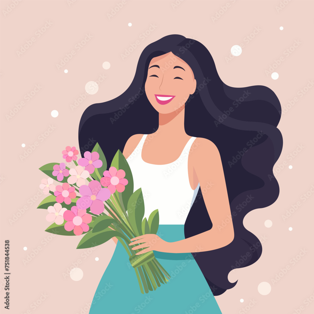 Girl with a bouquet of flowers. Flat vector illustration