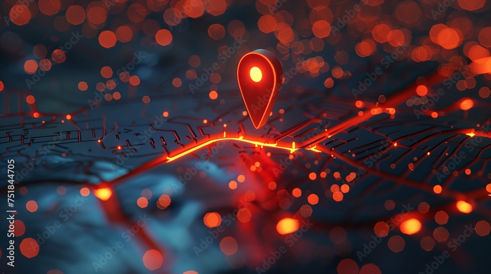 A glowing red marker stands out on the digital map, marking your destination - obrazy, fototapety, plakaty 