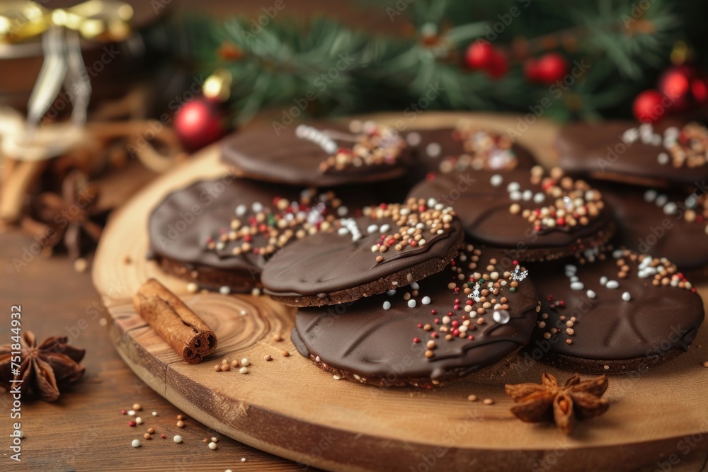 homemade Christmas cookies with chocolate, The photograph can be used in marketing materials for a dessert shop, highlighting specialty items for the Christmas season..