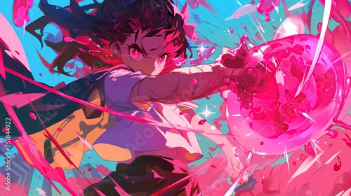 Dynamic Girl With Pink Eyes and Cape Engaged in an Energetic Battle Scene