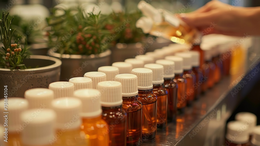 Row of Bottles With Liquid Next to Potted Plant