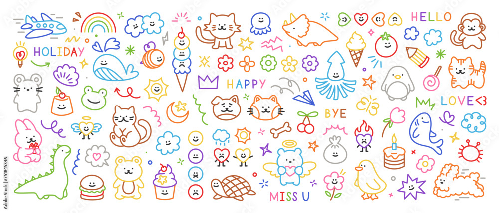 Colorful cute kid doodle icons set. Hand drawn scribble set of sun, flower, smile, heart, animal, cloud, rainbow, dinosaur. Trendy sketch vector childish elements for stickers, patterns, banners Colorful cute kid doodle icons set. Hand drawn scribble set of sun, flower, smile, heart, animal, cloud, rainbow, dinosaur. Trendy sketch vector childish elements for stickers, patterns, banners
