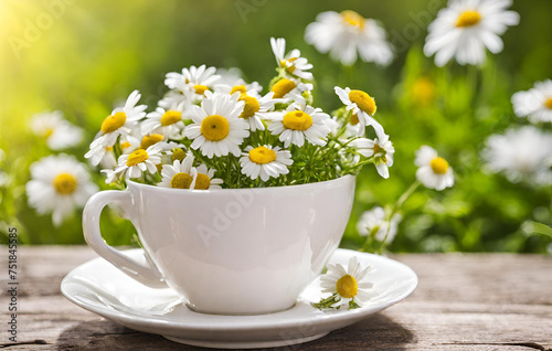 A cup of coffee with daisies on a table
