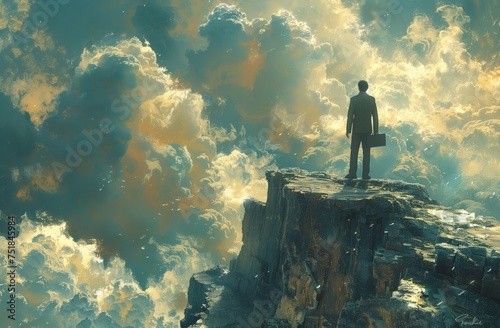 A man is standing on the edge of a cliff overlooking the vast natural landscape, with clouds painting the sky and water below. The horizon stretches far in the distance, creating a breathtaking view photo