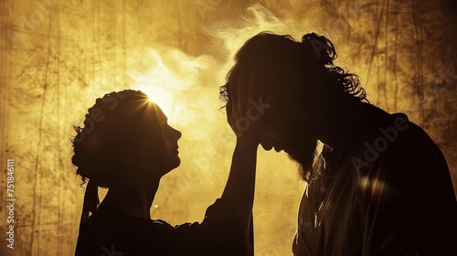 Silhouette of the woman pouring expensive perfume on Jesus' head