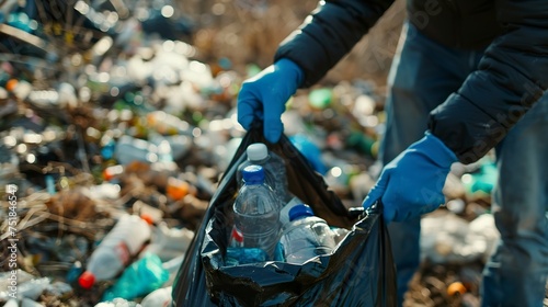 Close-up of a man collecting trash and plastic bottles. Man with black trash bag trying to clean a place full of trash.