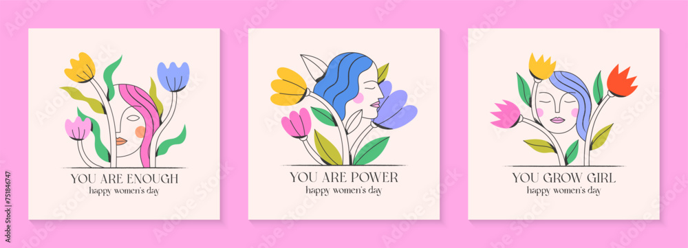 Girly vector illustrations with calm woman faces;stylish print for t shirts;posters;cards and banners with flowers.Feminism quote and woman motivational slogans.Women's day concepts. Girly vector illustrations with calm woman faces;stylish print for t shirts;posters;cards and banners with flowers.Feminism quote and woman motivational slogans.Women's day concepts.