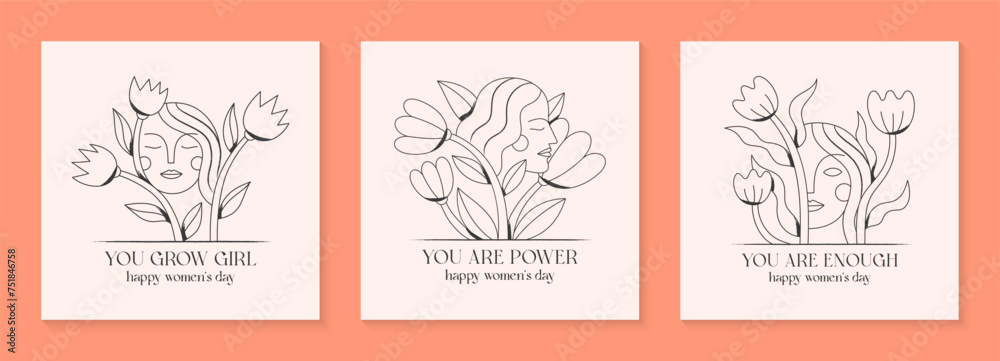 Girly vector illustrations with woman faces.Stylish prints for t shirts,posters,cards with flowers.Linear black and white concepts.Feminism quote and woman motivational slogans.Women's day greetings