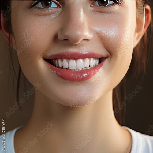 Beautiful smile of a young woman. White even healthy teeth close-up  smile. Dental clinic banner. Dentist consultation  teeth whitening  cleaning  prosthetics  filling. Dental services. Toothpaste.