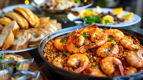 a table topped with plates of food and breads next to a bowl of shrimp