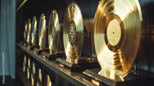 Shining Achievements - Gold Record Awards, golden record LP'S in display cabinet against the wall 