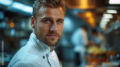 Chef in Uniform Leaning Over Counter