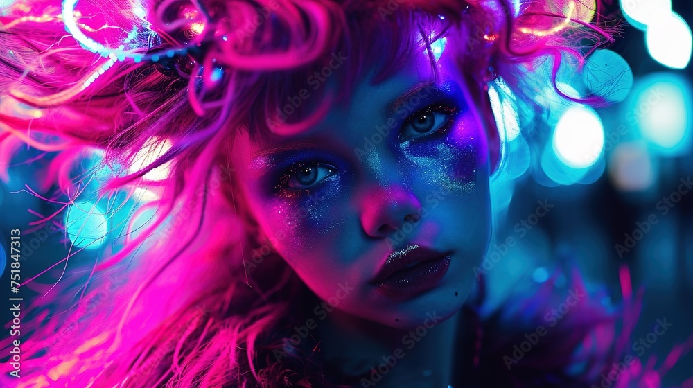fashion girl with neon lights and disco lights in studio.