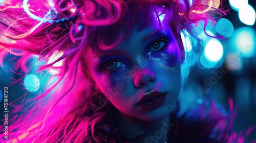 fashion girl with neon lights and disco lights in studio.
