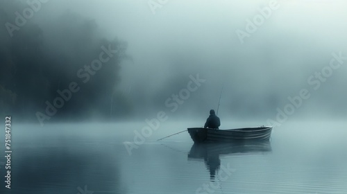 Man Fishing in Boat on Foggy Lake