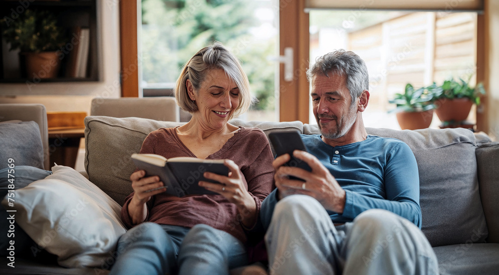 Elderly couple enjoys a relaxing weekend together, one reading a book and the other browsing on a smartphone, embodying leisure in retirement.
Elderly couple enjoys a relaxing weekend together, one reading a book and the other browsing on a smartphone, embodying leisure in retirement.