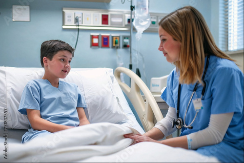 Candid capture of a compassionate young nurse engaging with a boy patient in a hospital bed, sharing stories and offering comfort.