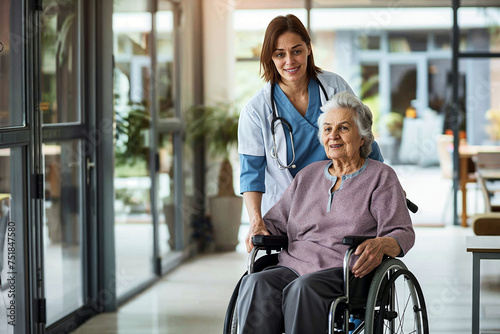 Female nurse compassionately assisting an elderly Caucasian patient in a wheelchair through a retirement home, showcasing professional medical care.

 photo