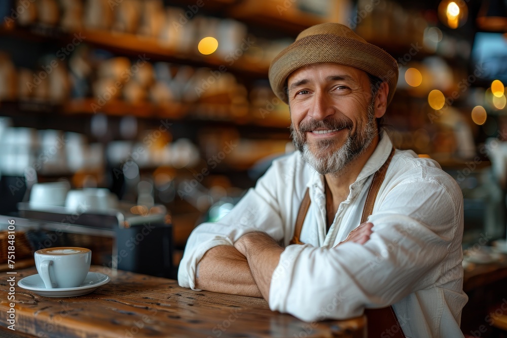 A cheerful, bearded man wearing a hat and sitting at a cafe table with a cup of coffee A cheerful, bearded man wearing a hat and sitting at a cafe table with a cup of coffee