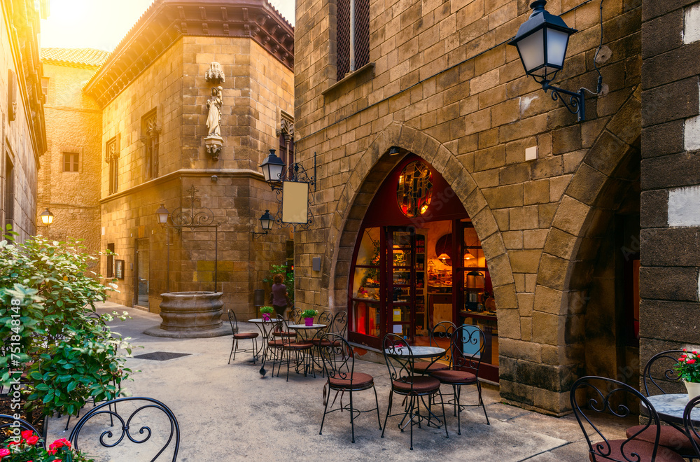 Cozy street of Poble Espanyol - traditional architectures in Barcelona, Spain