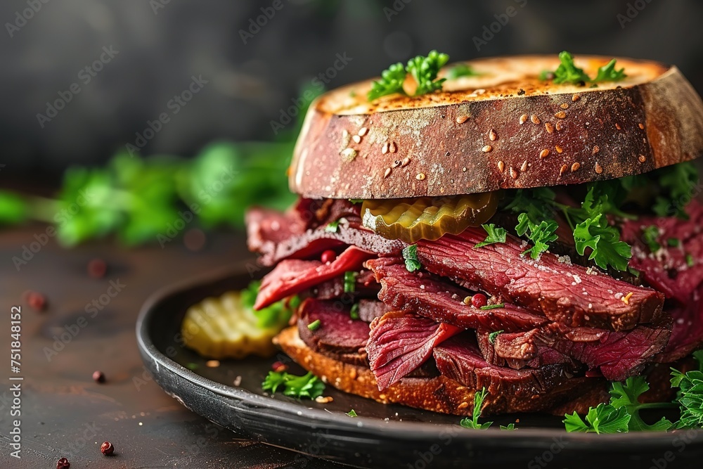 Delicious pastrami sandwich made with wholegrain bread with fresh salad and pickle Delicious pastrami sandwich made with wholegrain bread with fresh salad and pickle