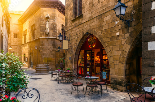 Cozy street of Poble Espanyol - traditional architectures in Barcelona, Spain