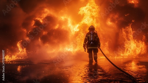 Firefighter Confronting Massive Fire