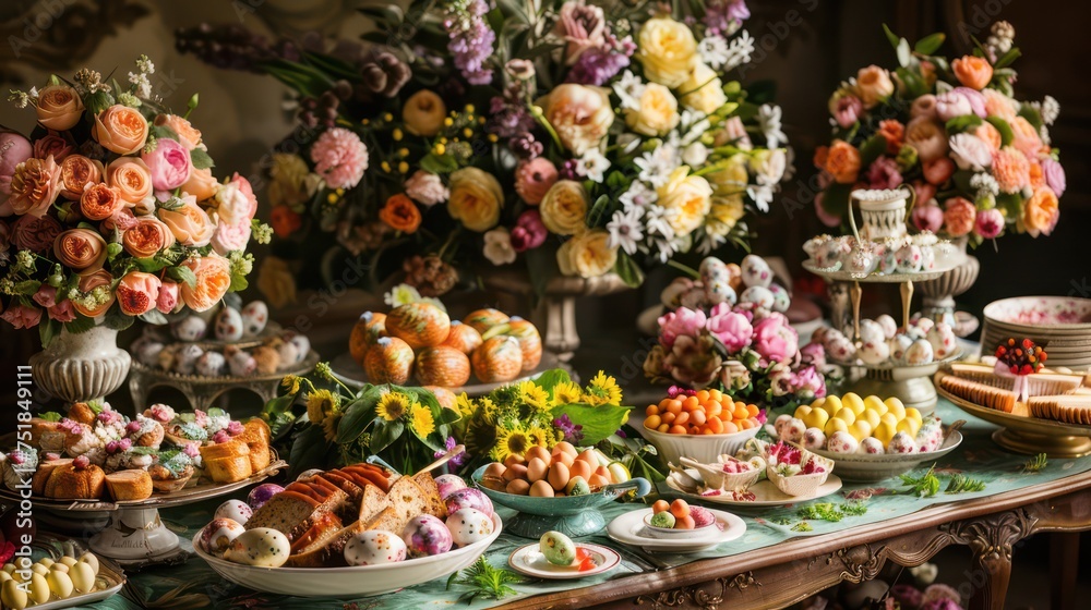 Lavish Easter banquet with an abundance of eggs and a floral centerpiece. Celebratory feast concept for Easter season. Ornate table setting for design and event planning.