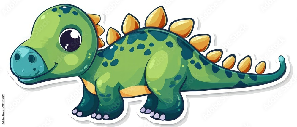 Friendly green dinosaur illustration with orange spikes, large expressive eyes