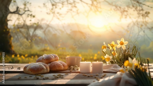 Rustic Easter morning setting with fresh bread and candles amidst daffodils on a wooden table. Countryside springtime breakfast concept for design and hospitality, with serene sunrise and copy space