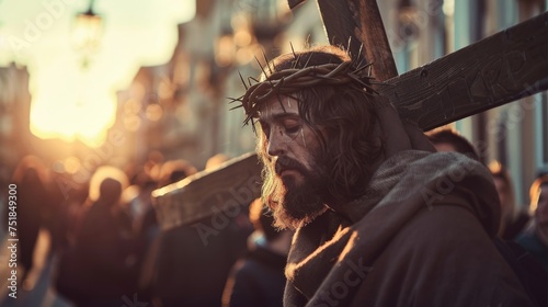 Solemn reflection of Jesus Christ carrying his cross through the streets, embodying sacrifice and determination.